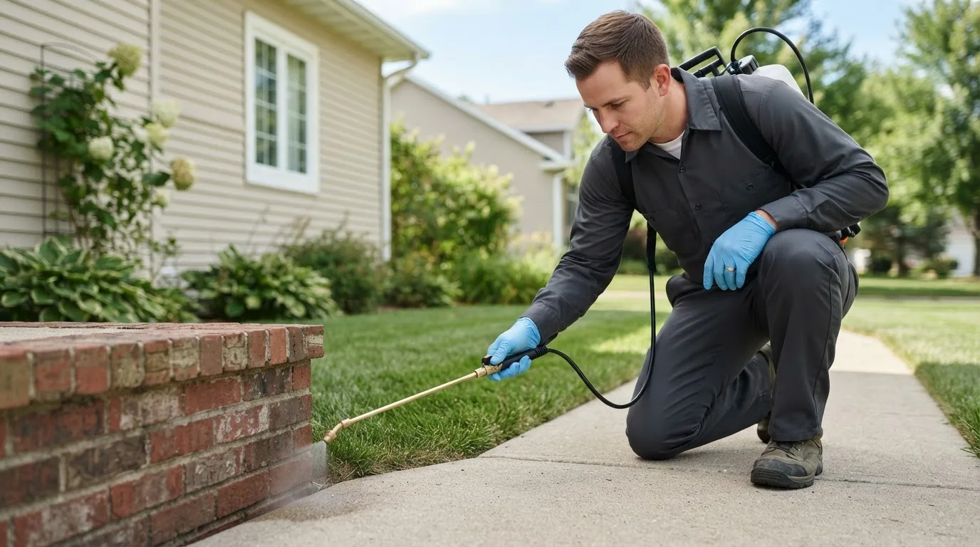 Pest control technician treating a home near Bernardston, MA